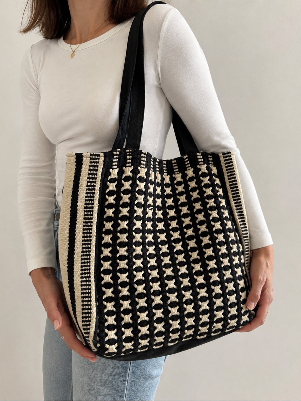 Love Stitch Black Cream Woven Boho Cotton Tote Bag